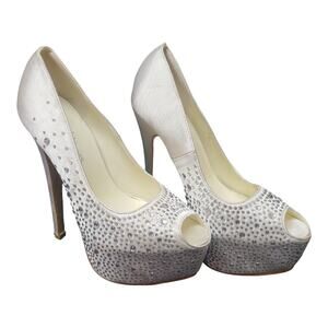 DailyShoes White Ivory Satin Rhinestone Ultra High Stiletto Platform Heels